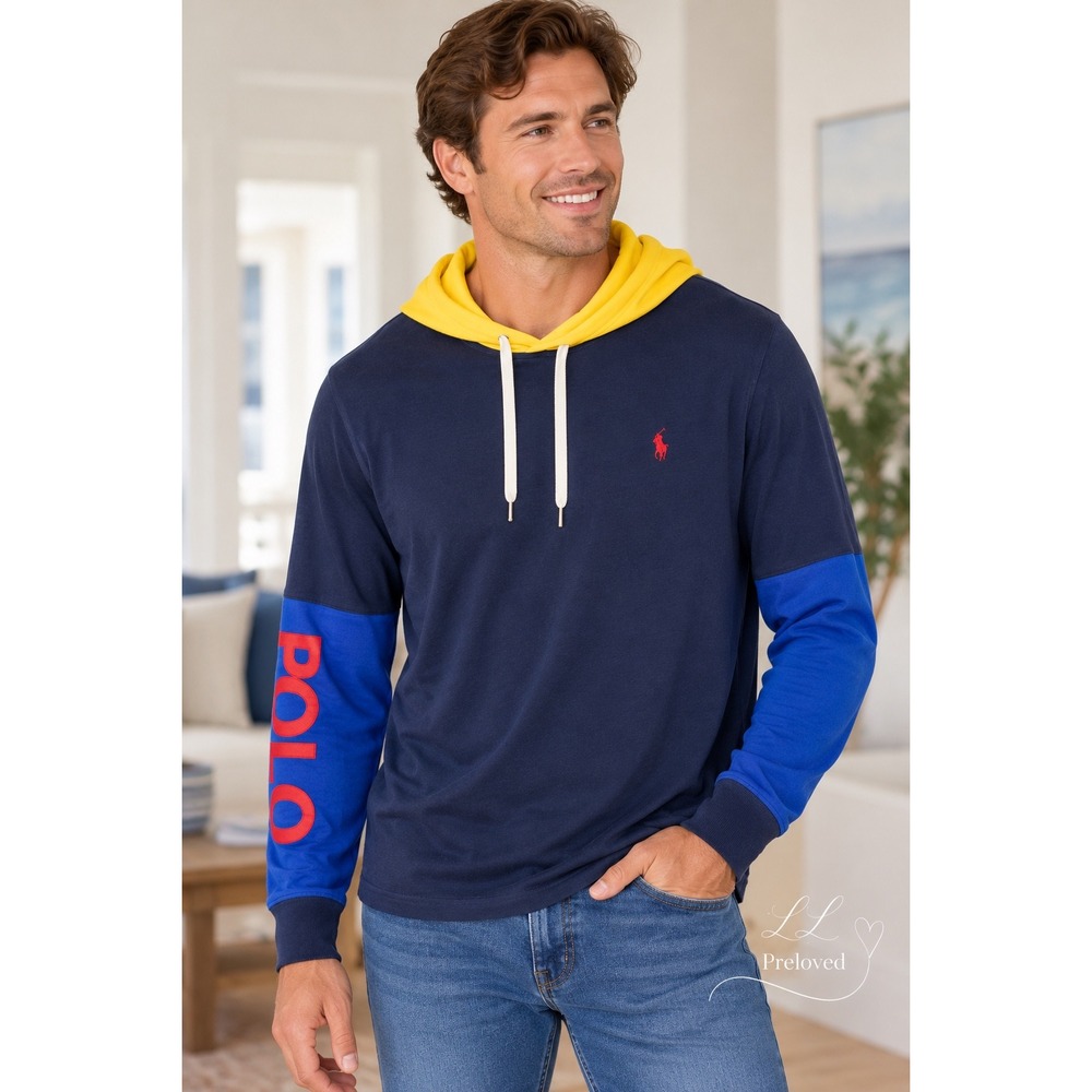 Polo Ralph Lauren Hooded T-Shirt Mens Small Navy Colorblock Graphic Streetwear